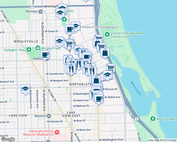 map of restaurants, bars, coffee shops, grocery stores, and more near 636 West Cornelia Avenue in Chicago