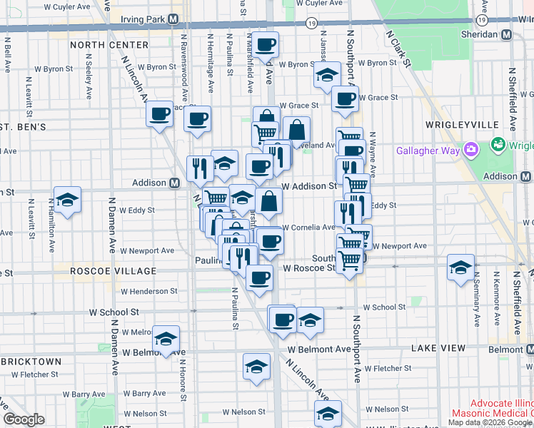 map of restaurants, bars, coffee shops, grocery stores, and more near 3528 North Ashland Avenue in Chicago
