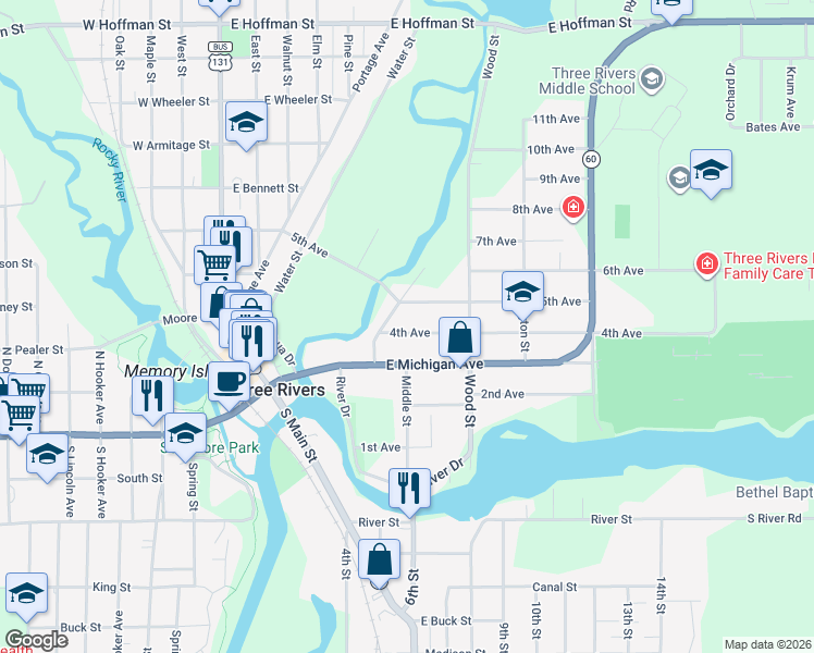 map of restaurants, bars, coffee shops, grocery stores, and more near 216 4th Avenue in Three Rivers