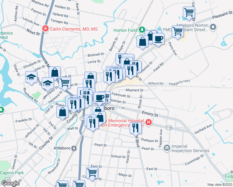 map of restaurants, bars, coffee shops, grocery stores, and more near 10 Falmouth Street in Attleboro