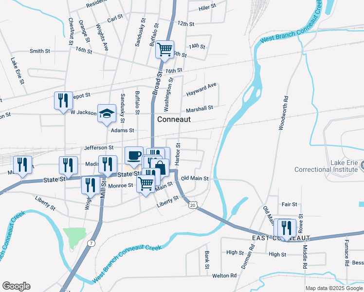 map of restaurants, bars, coffee shops, grocery stores, and more near 179 Nickle Plate Avenue in Conneaut