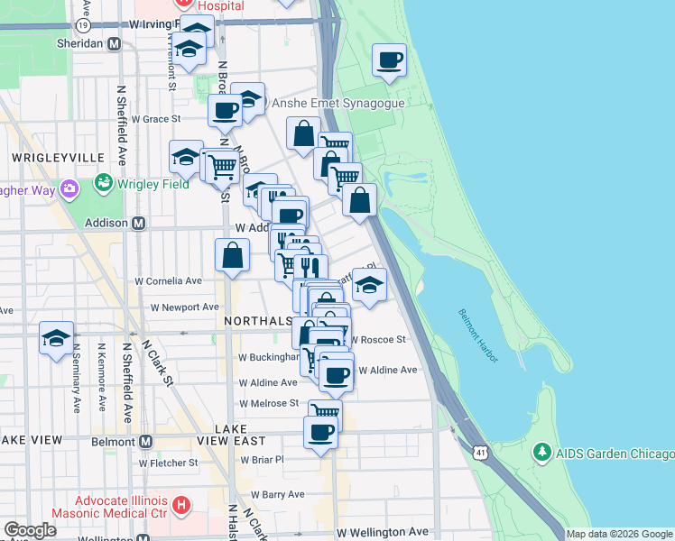 map of restaurants, bars, coffee shops, grocery stores, and more near 536 West Stratford Place in Chicago