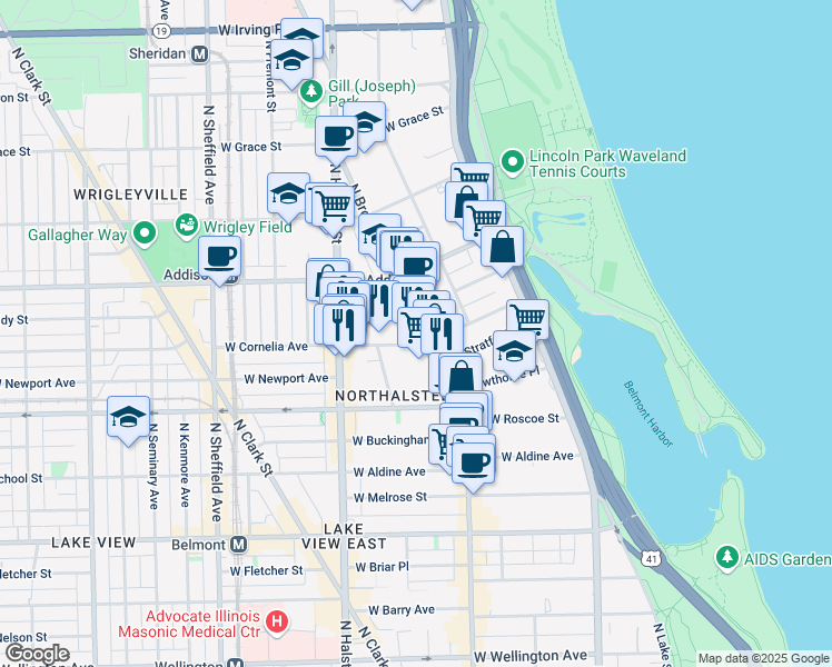 map of restaurants, bars, coffee shops, grocery stores, and more near 660 West Cornelia Avenue in Chicago