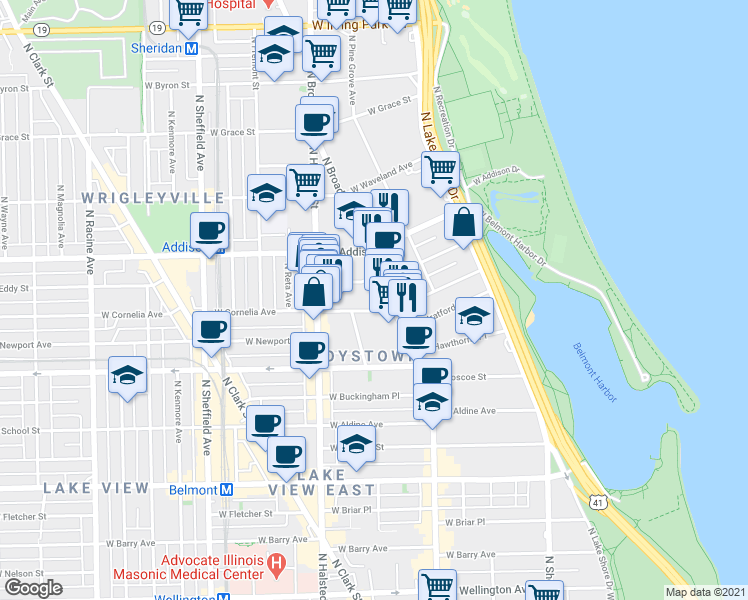 map of restaurants, bars, coffee shops, grocery stores, and more near 660 West Cornelia Avenue in Chicago