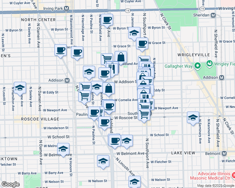 map of restaurants, bars, coffee shops, grocery stores, and more near 3527 North Bosworth Avenue in Chicago