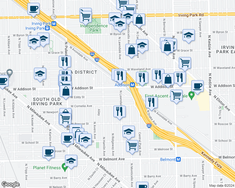 map of restaurants, bars, coffee shops, grocery stores, and more near in Chicago