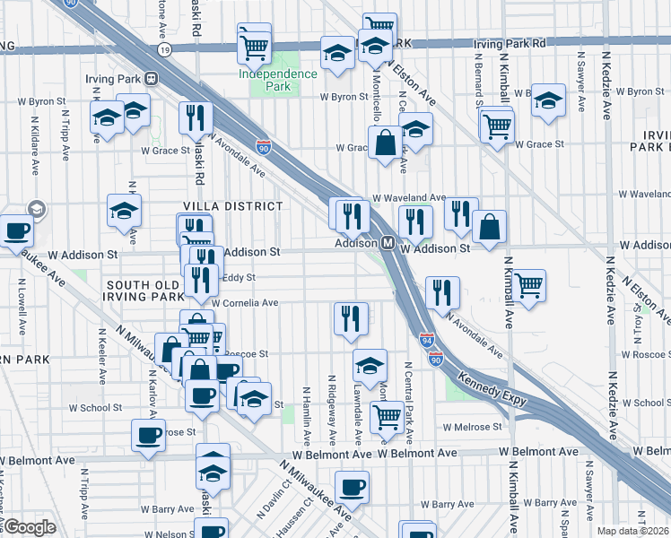 map of restaurants, bars, coffee shops, grocery stores, and more near 3736 West Eddy Street in Chicago