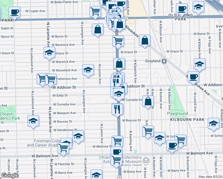 map of restaurants, bars, coffee shops, grocery stores, and more near 4839 West Addison Street in Chicago
