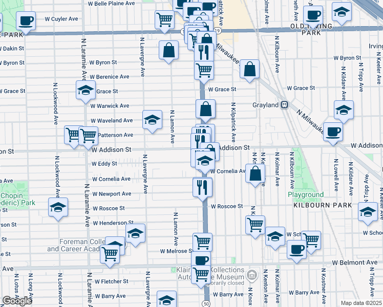 map of restaurants, bars, coffee shops, grocery stores, and more near 4839 West Addison Street in Chicago