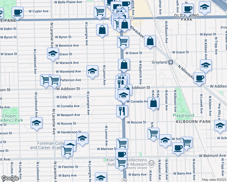 map of restaurants, bars, coffee shops, grocery stores, and more near 4839 West Addison Street in Chicago