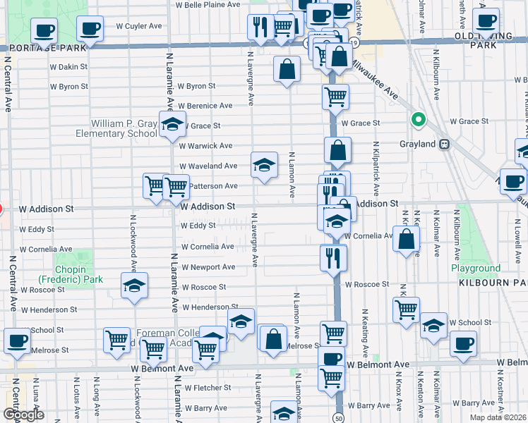 map of restaurants, bars, coffee shops, grocery stores, and more near 4947 West Addison Street in Chicago