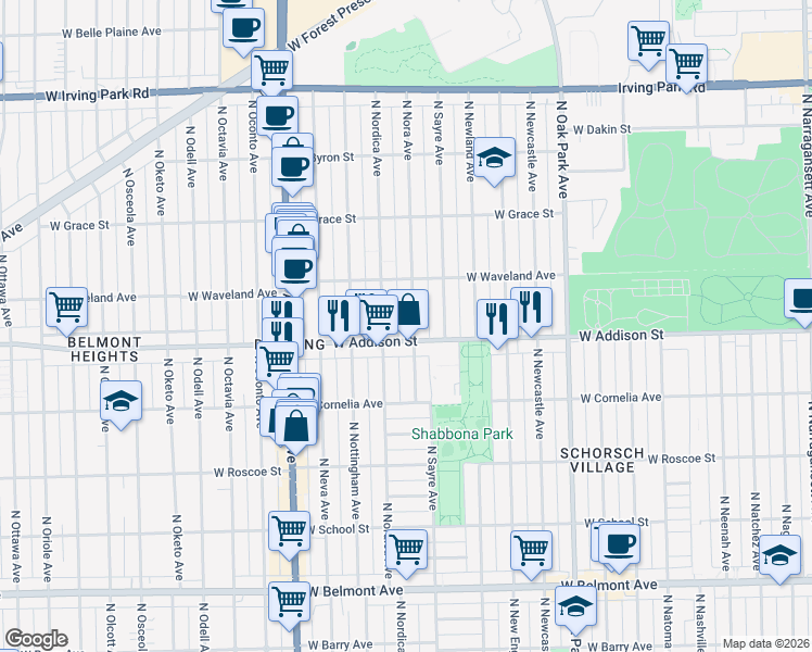 map of restaurants, bars, coffee shops, grocery stores, and more near 3618 North Nora Avenue in Chicago
