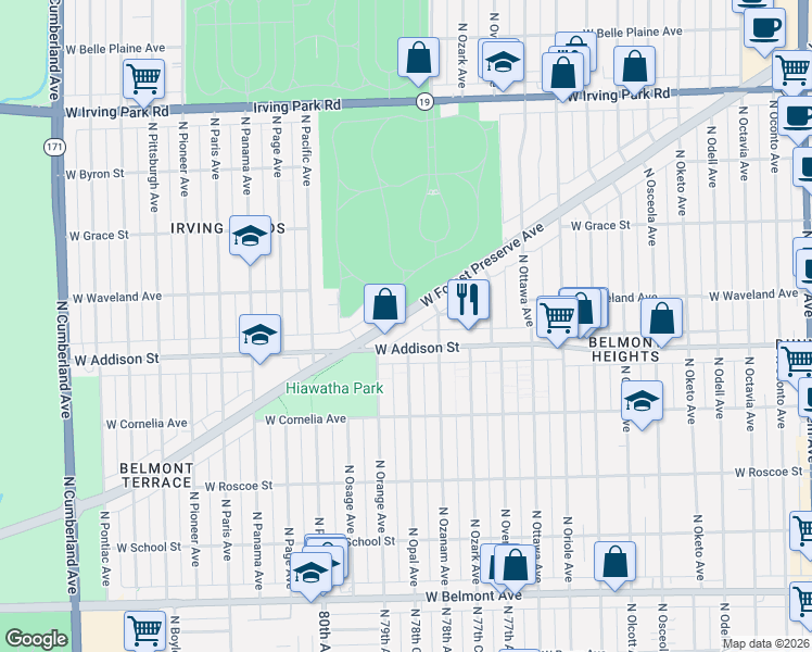 map of restaurants, bars, coffee shops, grocery stores, and more near 7843 West Forest Preserve Drive in Chicago