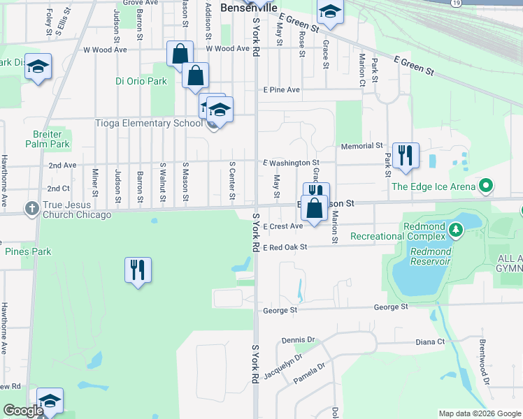 map of restaurants, bars, coffee shops, grocery stores, and more near 28 East Jefferson Street in Bensenville