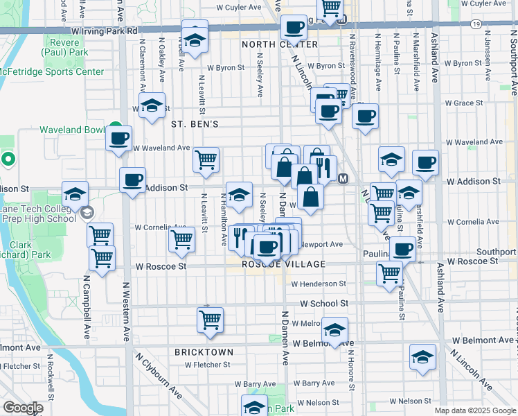 map of restaurants, bars, coffee shops, grocery stores, and more near 3526 North Seeley Avenue in Chicago