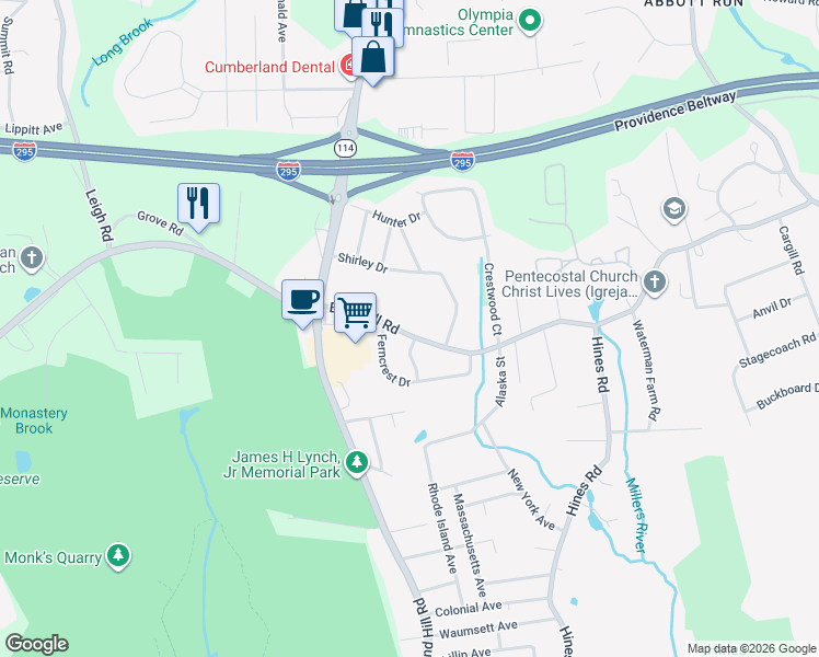 map of restaurants, bars, coffee shops, grocery stores, and more near 28 Bear Hill Road in Cumberland