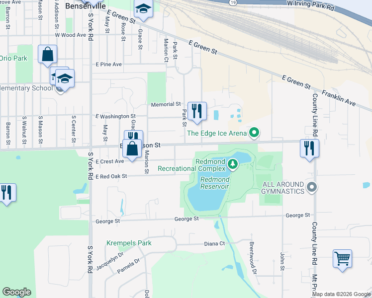 map of restaurants, bars, coffee shops, grocery stores, and more near 518 East Jefferson Street in Bensenville