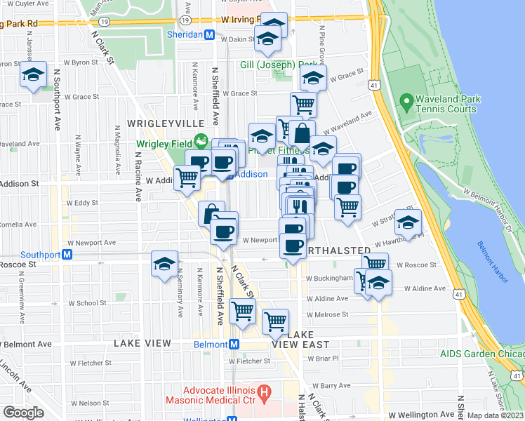map of restaurants, bars, coffee shops, grocery stores, and more near 3511 North Fremont Street in Chicago