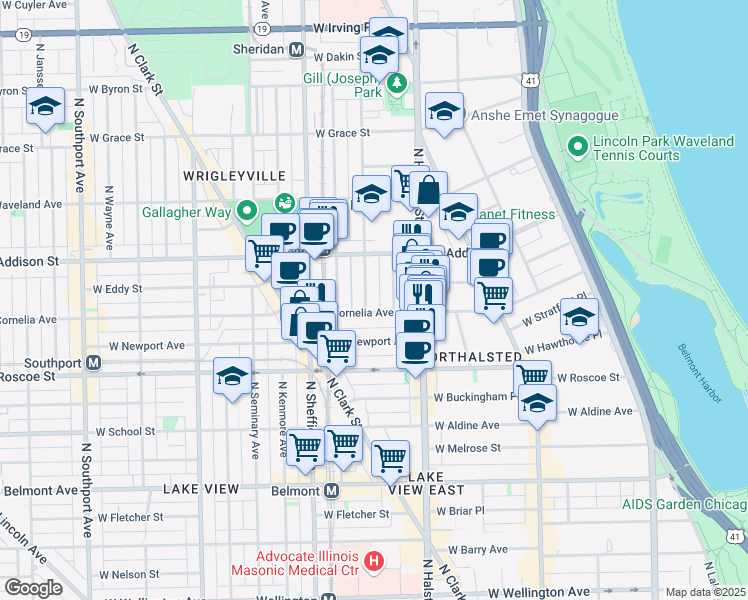 map of restaurants, bars, coffee shops, grocery stores, and more near 3511 North Fremont Street in Chicago