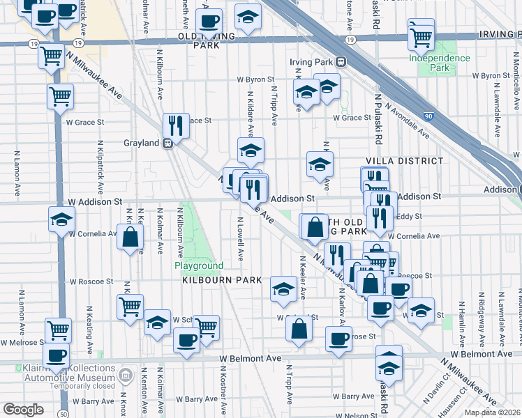 map of restaurants, bars, coffee shops, grocery stores, and more near 3581 North Milwaukee Avenue in Chicago