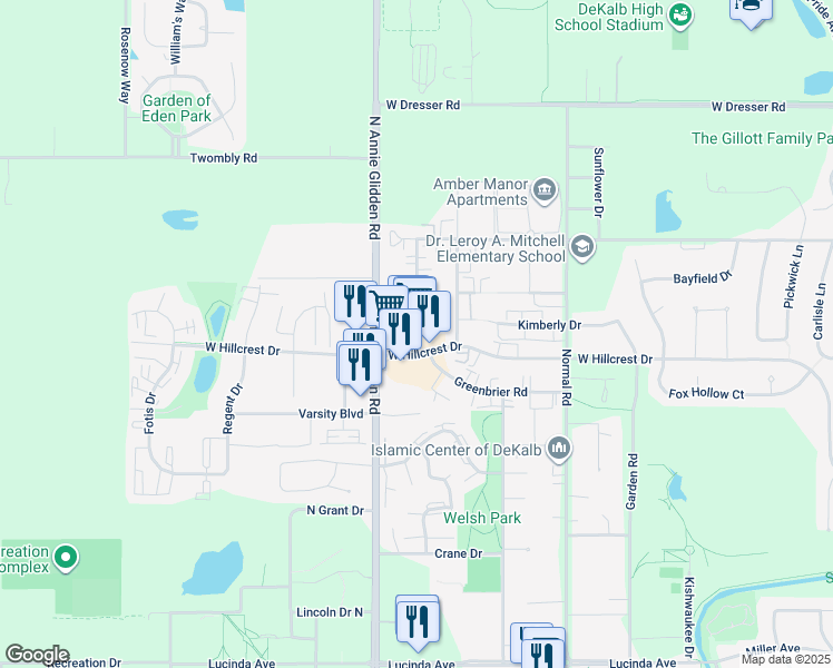 map of restaurants, bars, coffee shops, grocery stores, and more near 1011 West Hillcrest Drive in DeKalb
