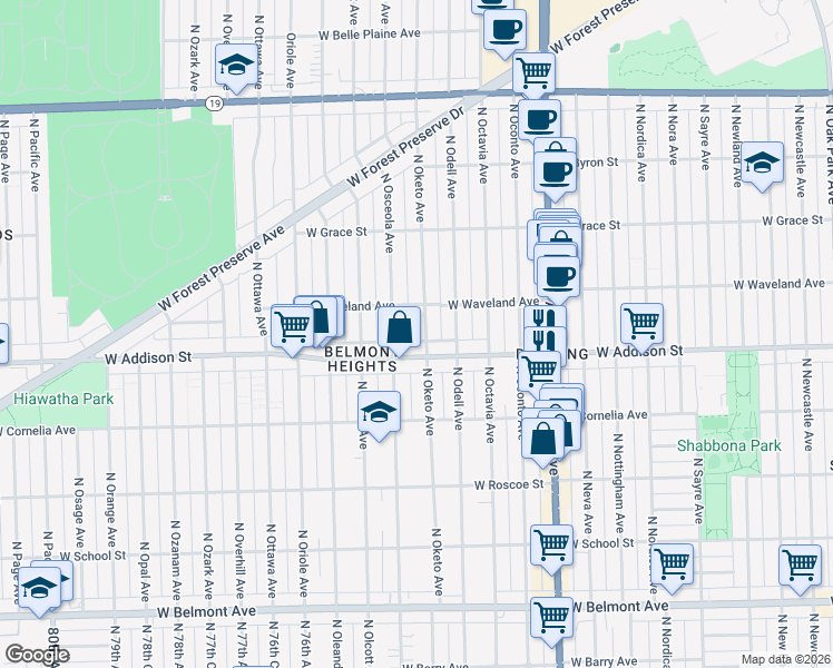 map of restaurants, bars, coffee shops, grocery stores, and more near 3625 North Oketo Avenue in Chicago