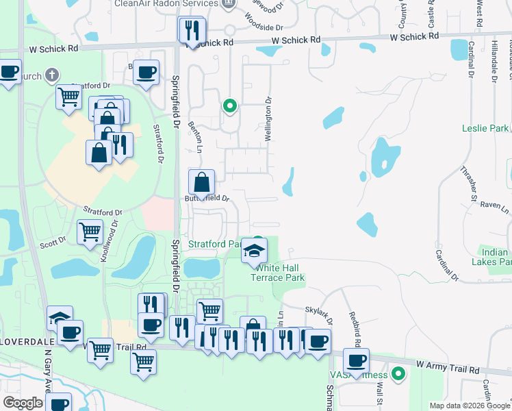 map of restaurants, bars, coffee shops, grocery stores, and more near 122 Glengarry Drive in Bloomingdale