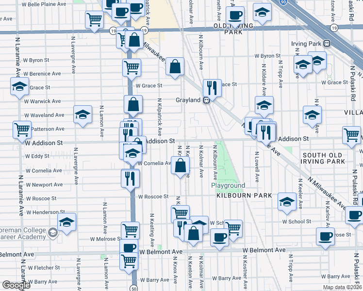 map of restaurants, bars, coffee shops, grocery stores, and more near 4601 North Knox Avenue in Chicago