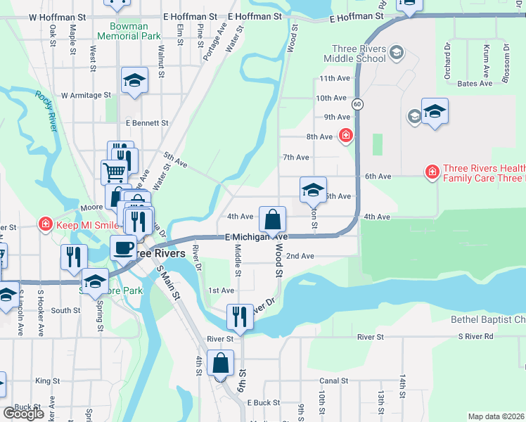 map of restaurants, bars, coffee shops, grocery stores, and more near 234 4th Avenue in Three Rivers