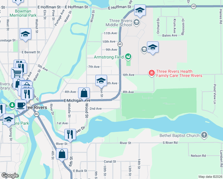 map of restaurants, bars, coffee shops, grocery stores, and more near 414 4th Avenue in Three Rivers