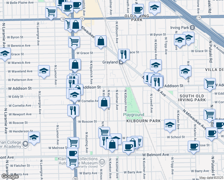 map of restaurants, bars, coffee shops, grocery stores, and more near 4535 West Addison Street in Chicago