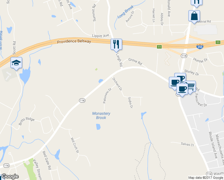 map of restaurants, bars, coffee shops, grocery stores, and more near 16 Palomino Drive in Cumberland