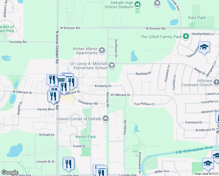 map of restaurants, bars, coffee shops, grocery stores, and more near 1012 Normal Road in DeKalb