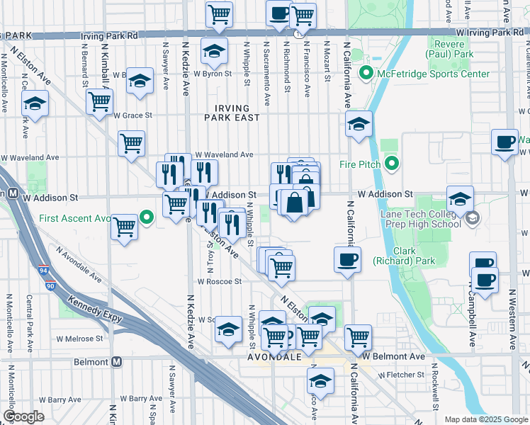map of restaurants, bars, coffee shops, grocery stores, and more near 3520 North Sacramento Avenue in Chicago