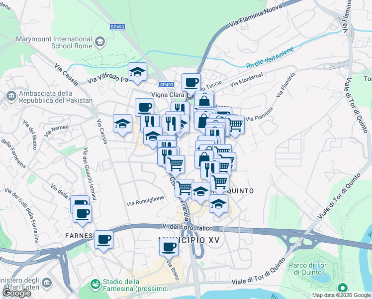 map of restaurants, bars, coffee shops, grocery stores, and more near 25 Via Francesco Borgatti in Roma