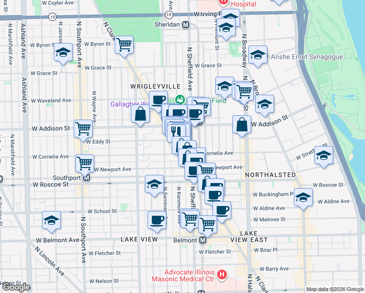 map of restaurants, bars, coffee shops, grocery stores, and more near 3505 North Clark Street in Chicago