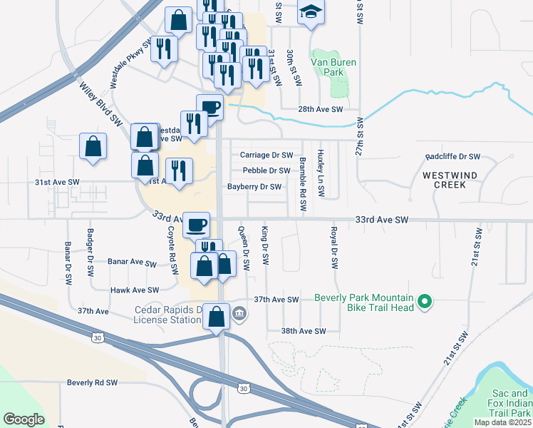 map of restaurants, bars, coffee shops, grocery stores, and more near 3122 33rd Avenue Southwest in Cedar Rapids