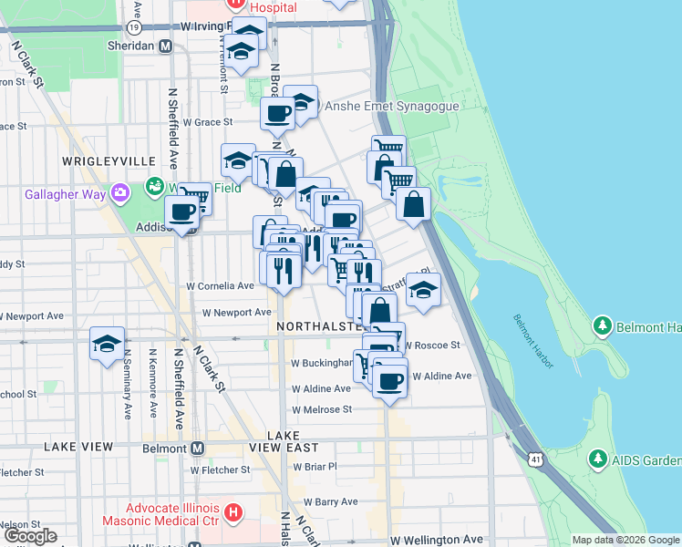 map of restaurants, bars, coffee shops, grocery stores, and more near 660 West Cornelia Avenue in Chicago