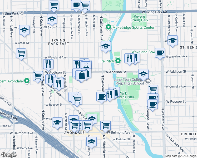 map of restaurants, bars, coffee shops, grocery stores, and more near 3500 North California Avenue in Chicago