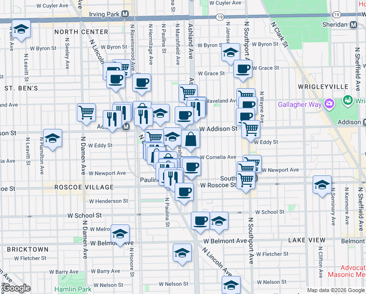 map of restaurants, bars, coffee shops, grocery stores, and more near 3523 North Marshfield Avenue in Chicago