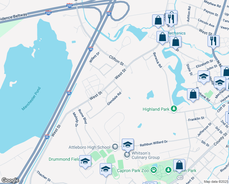 map of restaurants, bars, coffee shops, grocery stores, and more near 18 Natalie Drive in Attleboro