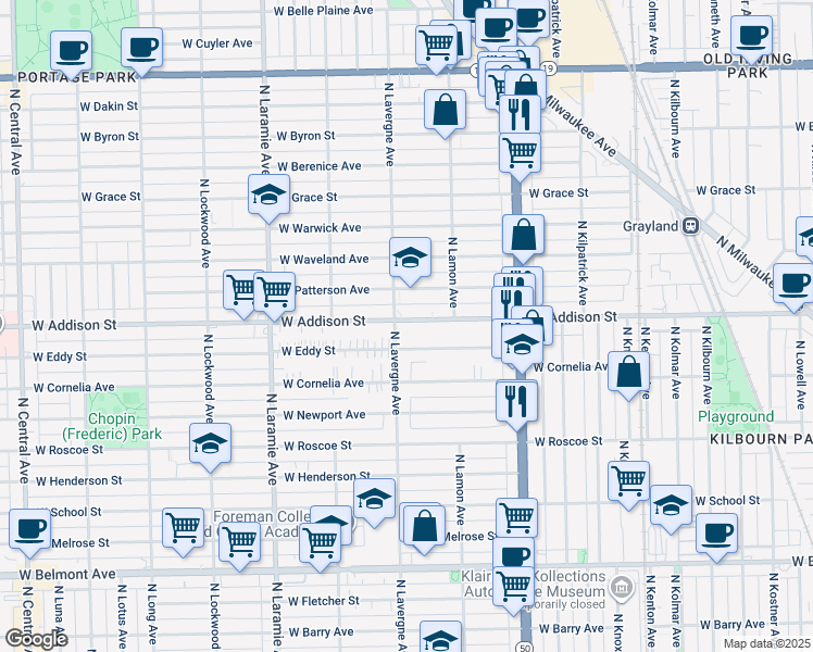 map of restaurants, bars, coffee shops, grocery stores, and more near 4947 West Addison Street in Chicago