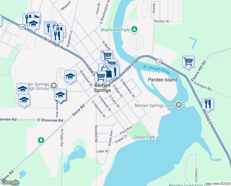 map of restaurants, bars, coffee shops, grocery stores, and more near 201 South Main Street in Berrien Springs