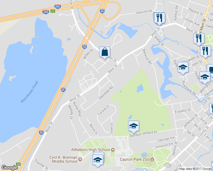 map of restaurants, bars, coffee shops, grocery stores, and more near 18 Natalie Drive in Attleboro