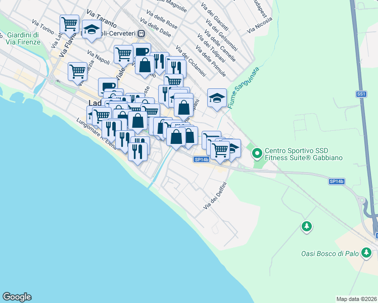 map of restaurants, bars, coffee shops, grocery stores, and more near 19 Via Palo Laziale in Ladispoli