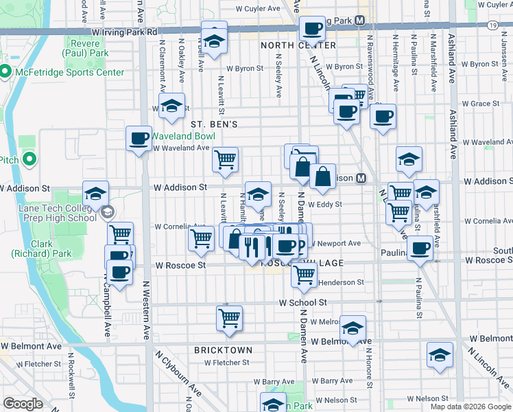 map of restaurants, bars, coffee shops, grocery stores, and more near 3528 North Hoyne Avenue in Chicago