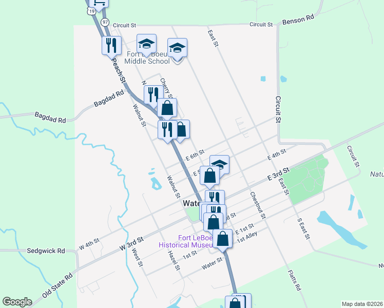 map of restaurants, bars, coffee shops, grocery stores, and more near 611 High Street in Waterford