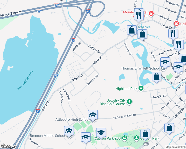 map of restaurants, bars, coffee shops, grocery stores, and more near 18 Natalie Drive in Attleboro