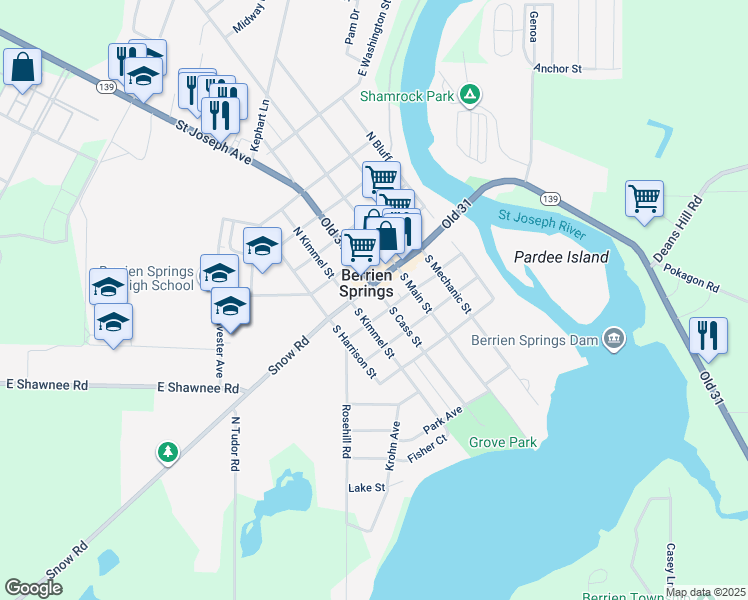 map of restaurants, bars, coffee shops, grocery stores, and more near in Berrien Springs