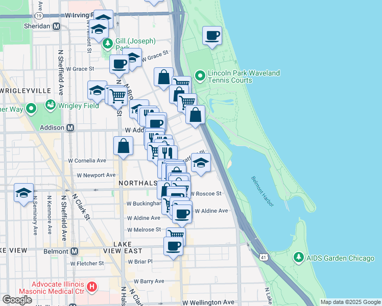 map of restaurants, bars, coffee shops, grocery stores, and more near 536 West Stratford Place in Chicago